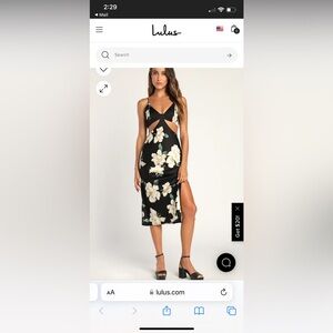 Lulus My Amour Black Floral Print Satin Cutout Midi Dress